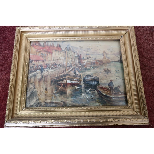 71 - Gilt framed watercolour by Roland Hill of Whitby, depicting Whitby harbour scene with various fishin... 