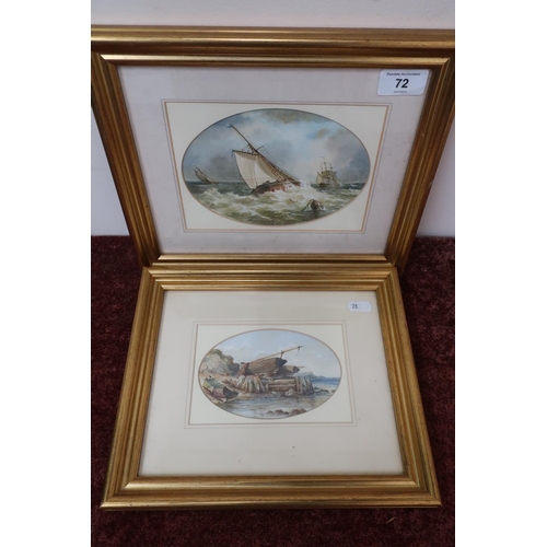 72 - Two framed and mounted watercolours depicting boats in rough waters and beached boats, one with mono... 