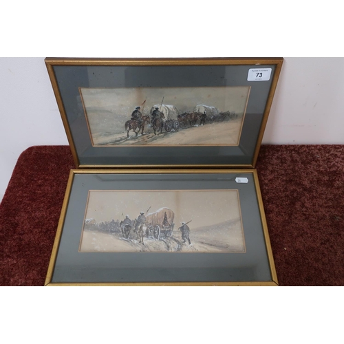 73 - Pair of over painted military prints of marching troops in winter scene, possibly French - Russian c... 