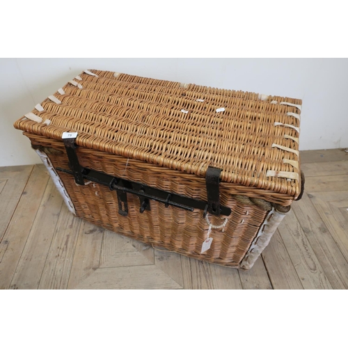 75 - Unusual wicker, leather and rope-work bound rectangular basket with metal strap-work locking bars an... 