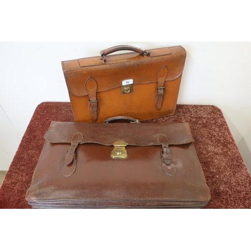 76 - Vintage tan leather satchel and another similar larger satchel/briefcase bag with brass lock (2)