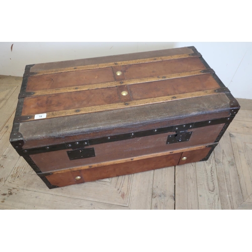 78 - Vintage canvas leather and wooden slatted flat top travelling trunk (79cm x 43cm x 40cm)