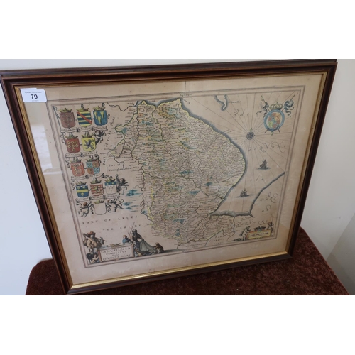 79 - Framed 18th C coloured map engraving of Lincolnshire (62.5cm x 52.5cm)