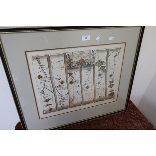 80 - Framed 17th C coloured John Ogleby engraved ribbon map Nottingham to Grimsby (66cm x 55cm including ... 