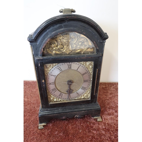 86 - 19th C single fusee bracket clock in ebonised arch top case with brass and steel dial and portico wi... 