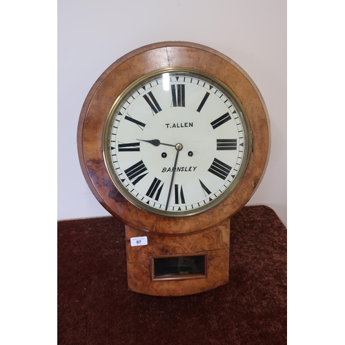 87 - Victorian walnut cased drop dial double fusee wall clock by T. Allen Barnsley with striking movement