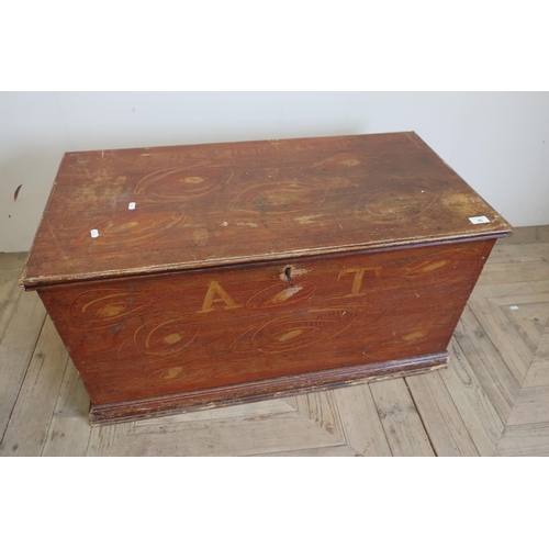 90 - Victorian stained and grained blanket box with hinged top with internal candle box and stepped base ... 