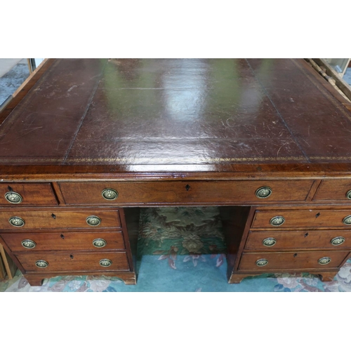 96 - 19th C mahogany partners twin pedestal desk with inset tooled leather top with central drawer flanke... 