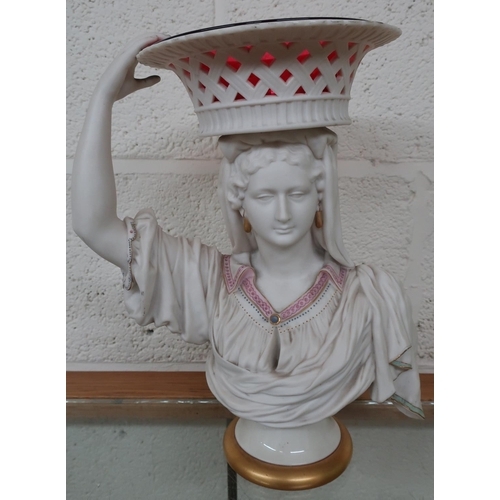 345 - Rare Royal Worcester parian bust comport, coloured enamels, pierced basket cranberry glass liner on ... 