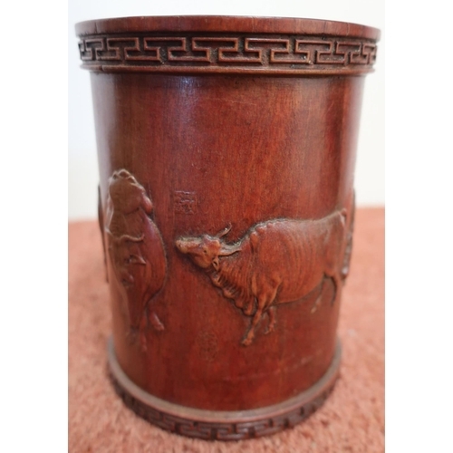 204 - Carved hardwood faux bamboo brush pot with Greek key border to the top and base, with carved detail ... 