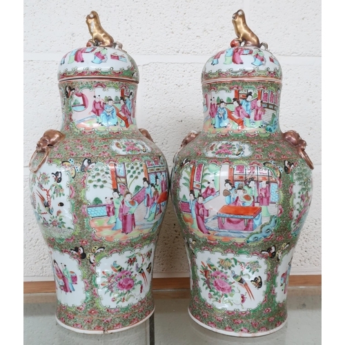 205 - Pair of 19th C Canton Famille Rose vases with lion mask handles and domed lift off covers crested wi... 