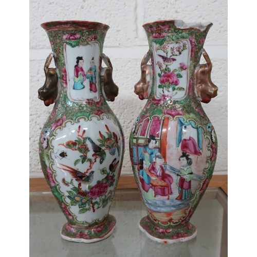 207 - Pair of 19th C Canton Famille Rose vases with Dog of Foe handles, with central floral panel under a ... 