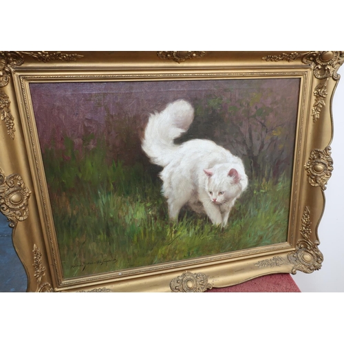 256 - Heavy gilt framed oil on canvas painting of a white cat in landscape scene by Rainer-Stvointty Gabri... 