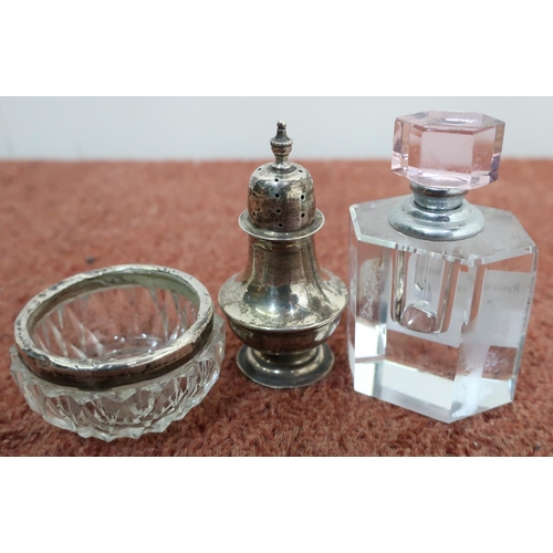 404 - Modern glass scent bottle, Birmingham silver hallmarked pepperette and a cut glass salt with silver ... 