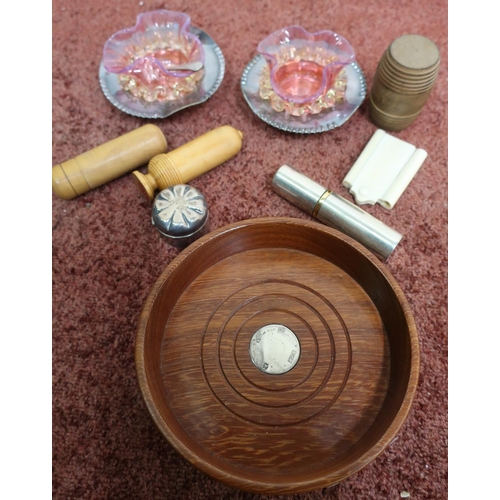 416 - Turned wood bottle coaster with silver hallmarked central disc, a pair of silver plated salts with c... 