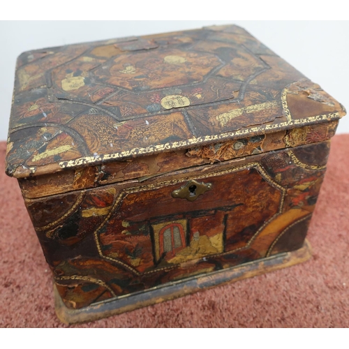 421 - Japanese leather bound table box with lacquered gilt and tooled detail and hinged top, opening to re... 