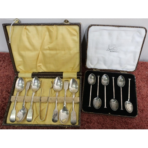 426 - Cased set of six Sheffield silver hallmarked teaspoons and pair of sugar tongs, and another cased se... 