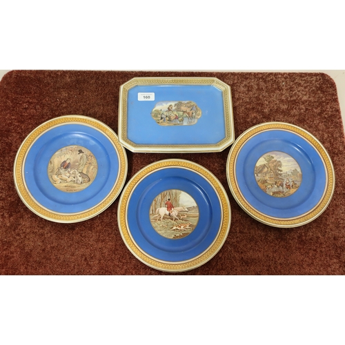 160 - Prattware series ware set of three plates with blue backgrounds and central portraits including Mast... 