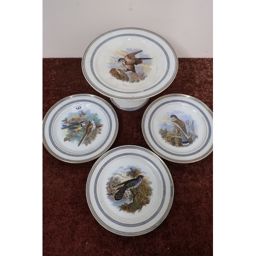 163 - Prattware comport with central panel of bird of prey and three matching plates with various bird det... 