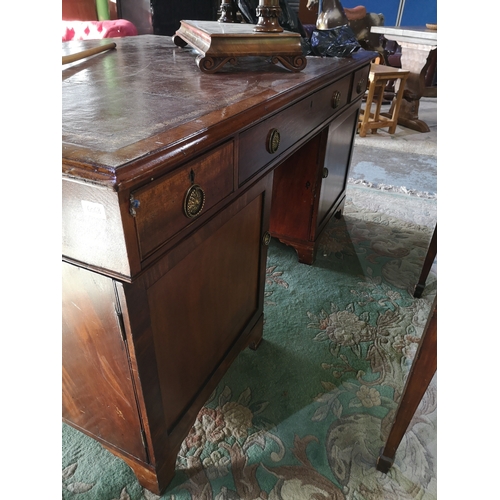 96 - 19th C mahogany partners twin pedestal desk with inset tooled leather top with central drawer flanke... 