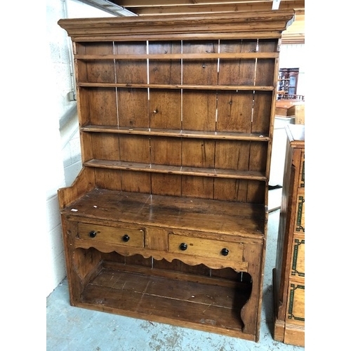 104 - 19th C rustic country style pine dresser with three tier raised back with planked detail above two d... 