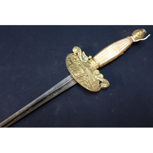 36 - Continental Court dress style sword with 31 1/2 inch 18th C triangular form blade with engraved and ... 