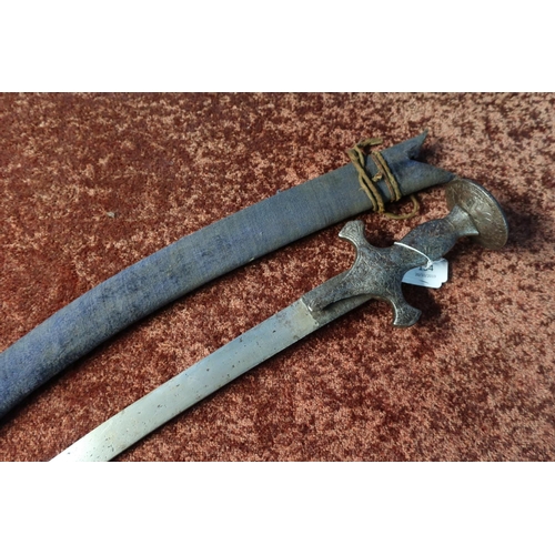 50 - 19th C Indian Tulwar type sword with 28 1/2 inch curved blade with engraved detail to the hilt and d... 
