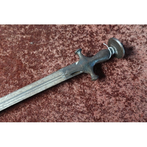 52 - Indian Tulwar type sword with curved 28 1/2 inch double fullered blade and disc shaped pommel