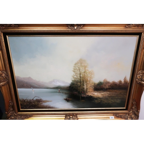 438 - Large gilt framed oil on canvas landscape scene of fisherman on mountainous lakeside, signed C. Schm... 