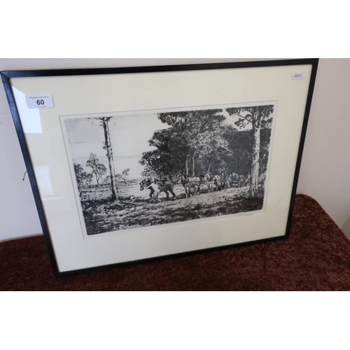 439 - Framed and mounted drawing of heavy horses logging by D. J. Robinson (51.5cm x 38.5cm including fram... 