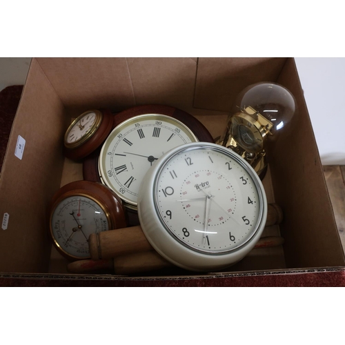 414 - Selection of various wall clocks, rolling pins and other items in one box