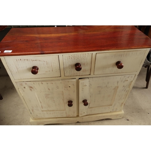 399 - Painted side cabinet with three drawers above two cupboard doors (width 90cm)