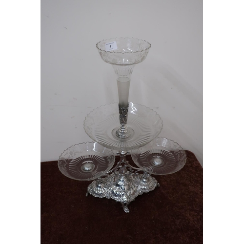 1 - WMF silver plated three branch centre piece glass epergne (height approx 59cm)