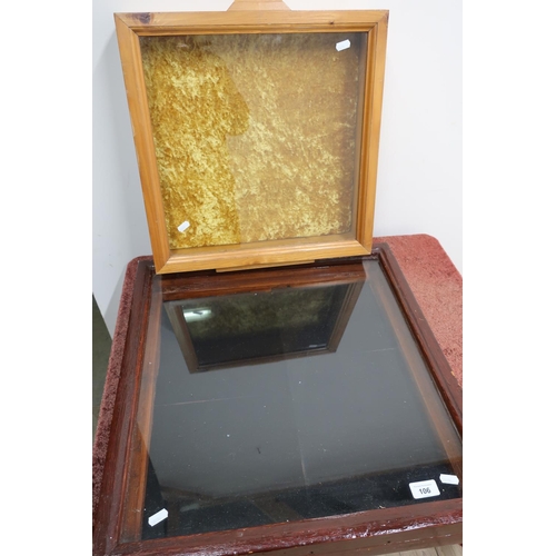 106 - Pine tabletop glazed display case and a similar dark stained case