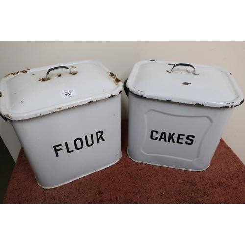 107 - Two vintage enamel flour and cakes kitchen storage containers