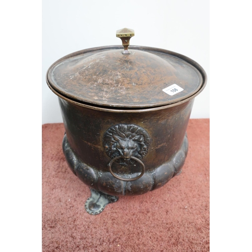 108 - Early 20th C patented copper coal bucket on three paw feet