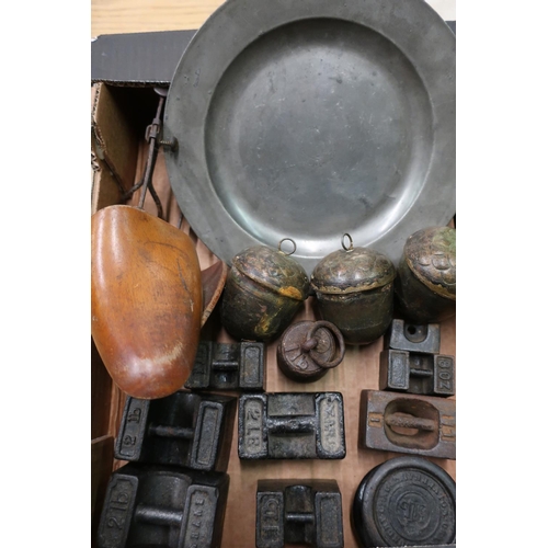 121 - 19th C pewter plate, a pair of shoe trees, kitchen scale, weights etc