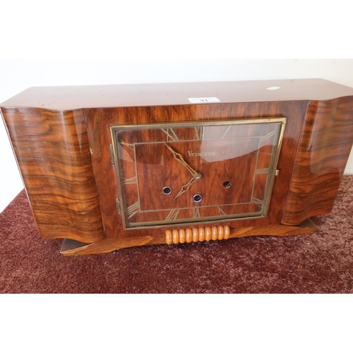31 - Art Deco period walnut cased mantel clock by Vedette, Westminster chiming movement