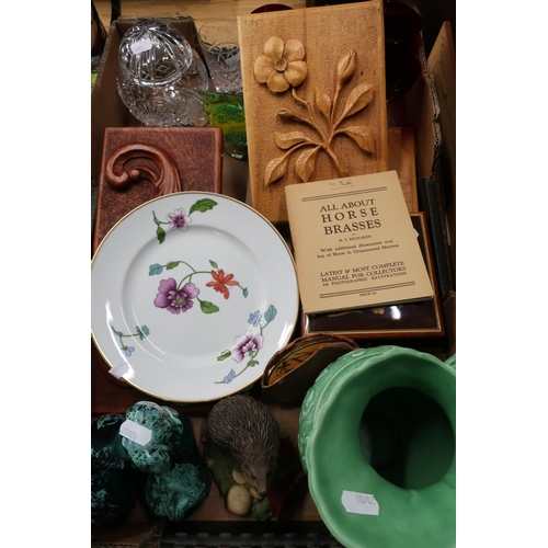 39 - Silvac green glazed pottery jug, a Coalport resin figure of a hedgehog, decorative glassware, cerami... 