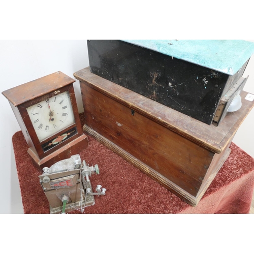 445 - Pine carpenters toolbox, a late 19th C American beech cased time piece, a Pathescope Ace Projector, ... 