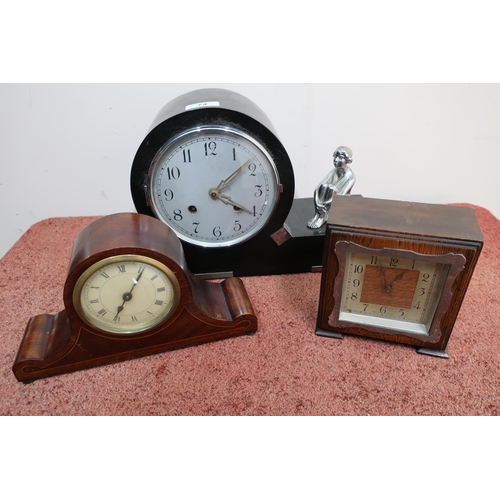 74 - Art Deco period ebonised chiming mantel clock with chromium plated fittings and two other clocks