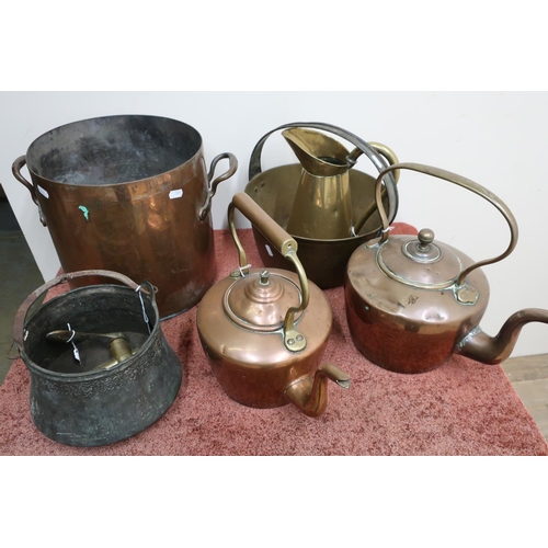 91 - Two Victorian copper and brass kettles, jam pan, and other copper and brass ware