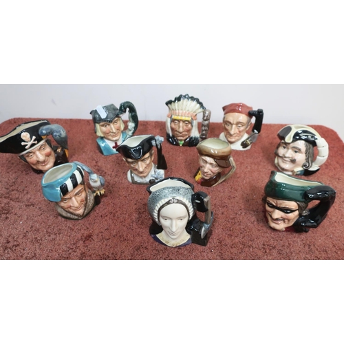 95 - Ten small Royal Doulton character jugs 'Anne Boleyn', 'Dick Turpin', ' 'appy, 'Gunsmith', 'Longjohn ... 