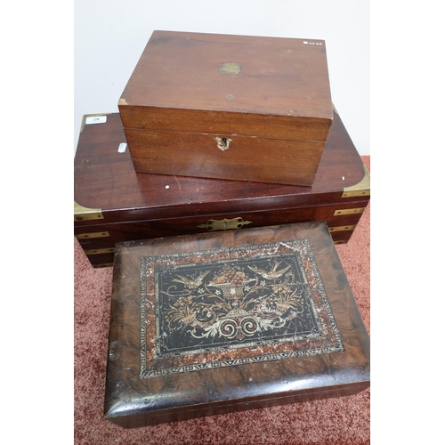 97 - Two Victorian mahogany writing boxes, one brass bound, and a stained pine sewing box and contents