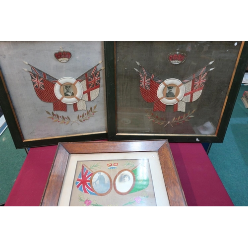 140 - Three c.WWI framed and mounted embroidered naval, artillery and other memorial pictures