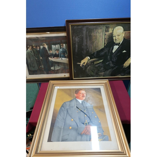 141 - Gilt framed oval painted print of Adolf Hitler, an oleograph of Winston Churchill, and a WWI signing... 