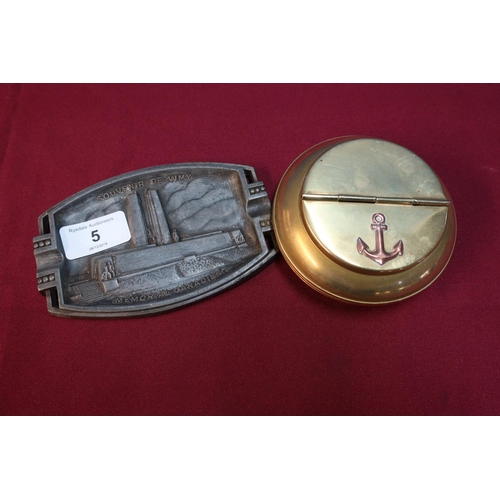 5 - Brass circular ashtray/cigarette holder with hinged top with anchor and a cast alloy Souvenir De Vim... 