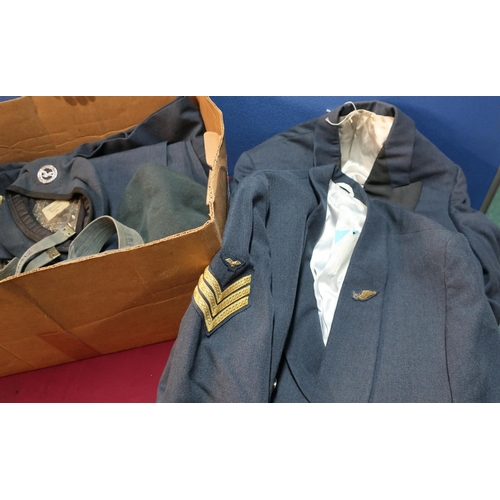 63 - Box containing a quantity of RAF uniforms including Air Training Corp, jackets, shoulder titles, ber... 