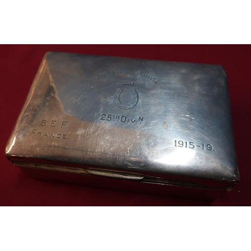70 - London silver hallmarked cigarette box, the top engraved 76 Field Ambulance 25th Division BEF (Briti... 