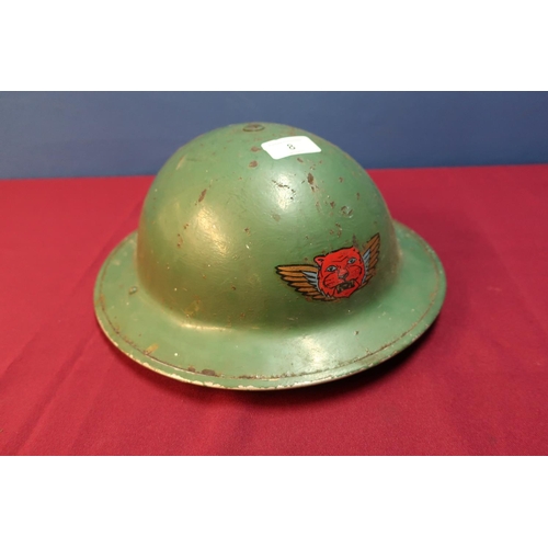 8 - Circa WWII British steel helmet with liner and webbing chin strap with painted Decel
